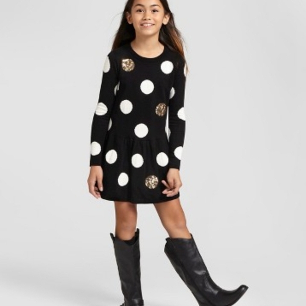 Cat & Jack Black Sweater Dress with White Polka Dots 10/12